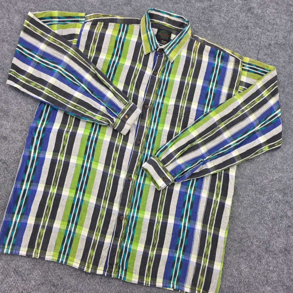Artesania Mens Medium Ikat Plaid Cotton Button Down Shirt Green Blue Guatemala